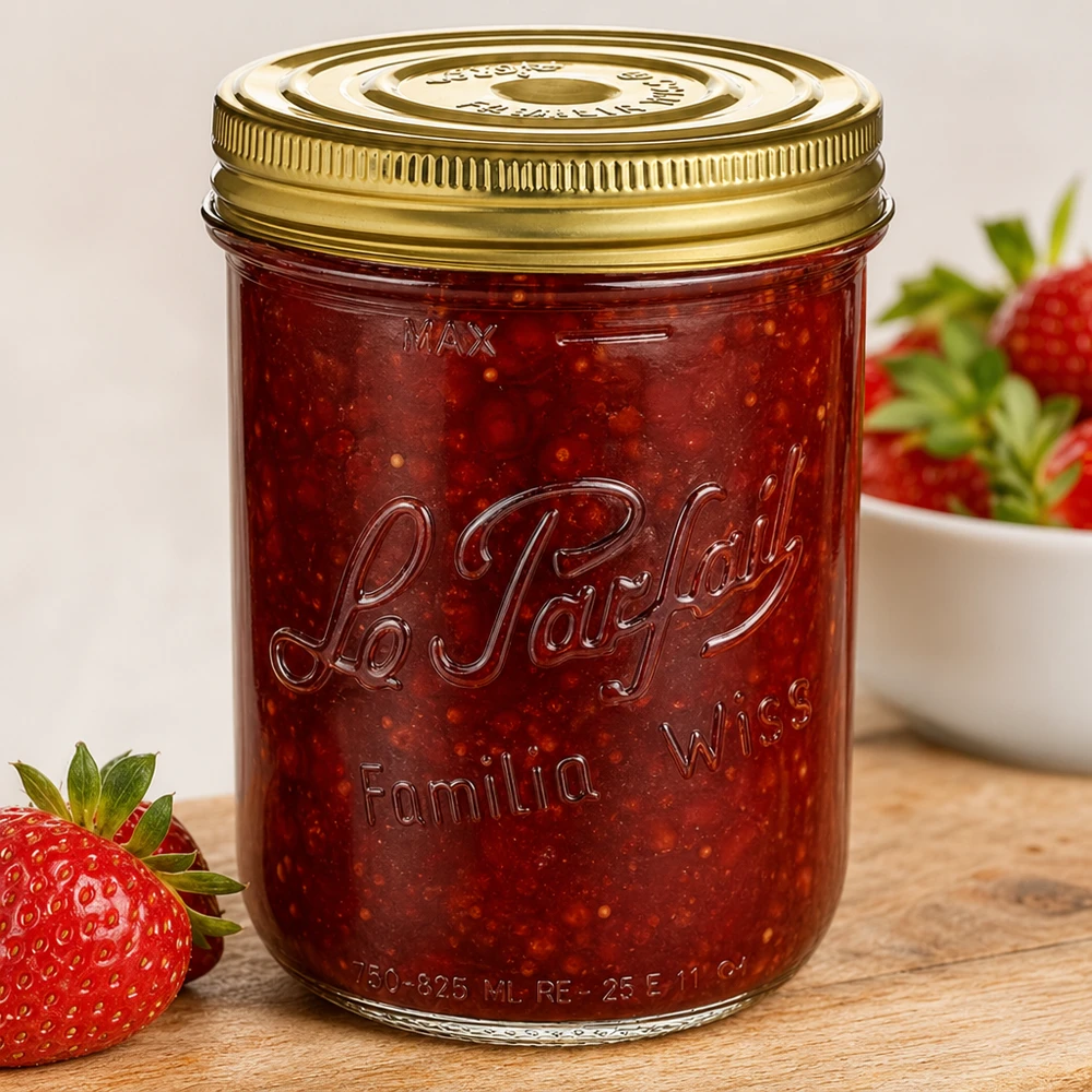 Familia Wiss 1020ml mason jar met schroefdeksel gevuld met aardbeienjam naast verse aardbeien