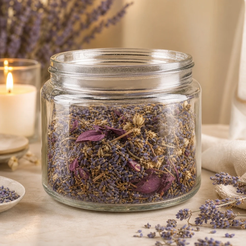Glazen pot 250ml gevuld met lavendel en gedroogde kruiden rustieke decoratieve opslag voor thee en kruiden