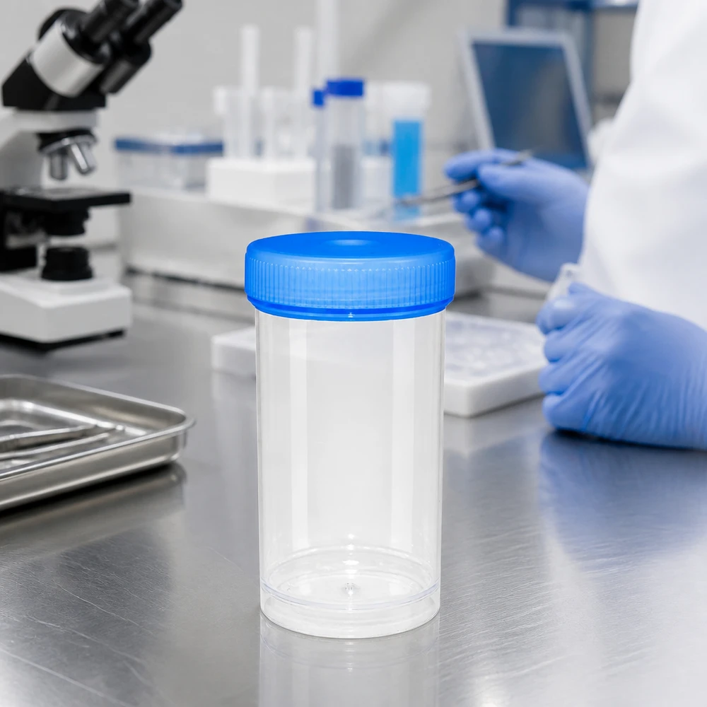 Universele kunststof pot (pathologie pot) 100ml Lekvrije pot met brede hals van 100 ml, gemaakt van BPA-vrije kunststof, voor histologische laboratoriummonsters
