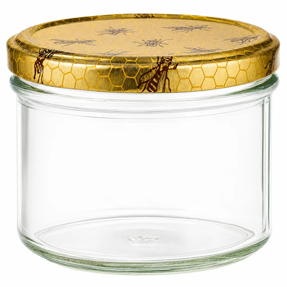 250g Honigglas mit goldenem Bienenwabe-Deckel - leeres Einmachglas für Honig, Marmelade und Vorräte