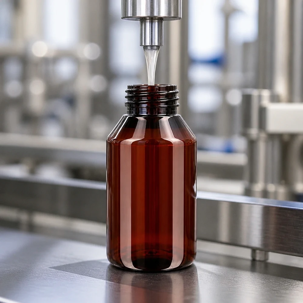 PET fles 50ml met ontgassingsdop rood Automatisch vullen van een stevige PET-fles van 50 ml met een speciale veiligheidssluiting