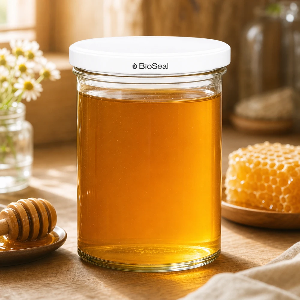 435ml bekers met BioSeal deksel wit UNiTWIST UNiTWIST bekers 435ml gevuld met honing naast honingraat en honinglepel toont natuurlijke voedselopslag