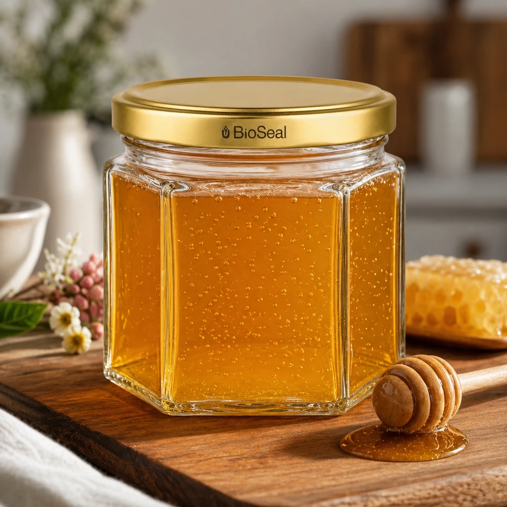 47ml hexaglas met BioSeal deksel goud UNiTWIST UNiTWIST Hexa47 honingpot met gouden TO43 BioSeal deksel op houten plank met honinglepel in natuurkeuken
