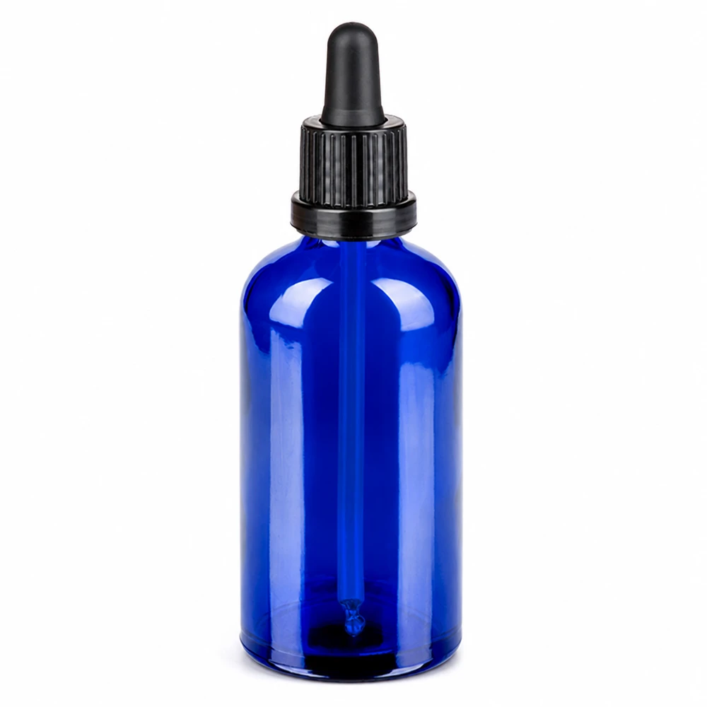 100ml pipetfles zwart OV BlueLine UT18/100 Premium glazen flesje met pipet 100ml in blauw voor essentiële oliën en serums