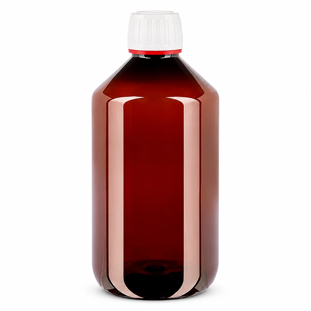 PET-fles 500ml met wit/rode dop OV Bruine medicijnfles van 500 ml van PET met een fraudebestendige sluiting in het wit