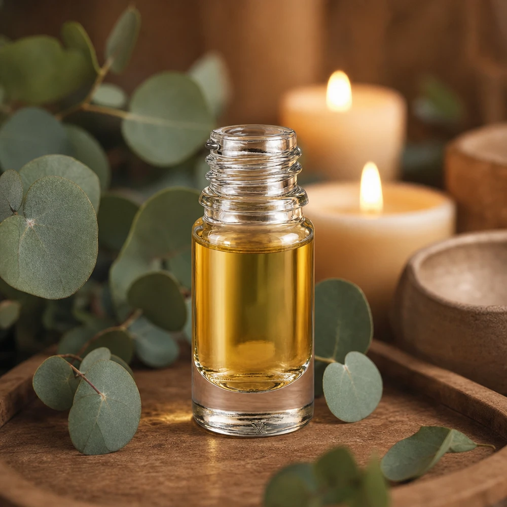 5ml apothekersflesje ApoGlas met goudgele vloeistof in een ontspannende aromatherapeutische sfeer