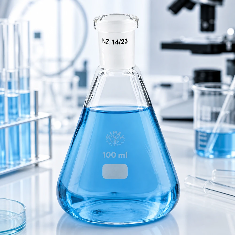 Erlenmeyer 100ml nauwe hals borosilicaat met slijpstuk 14/23 Erlenmeyer 100ml nauwe hals borosilicaat met slijpstuk 14/23