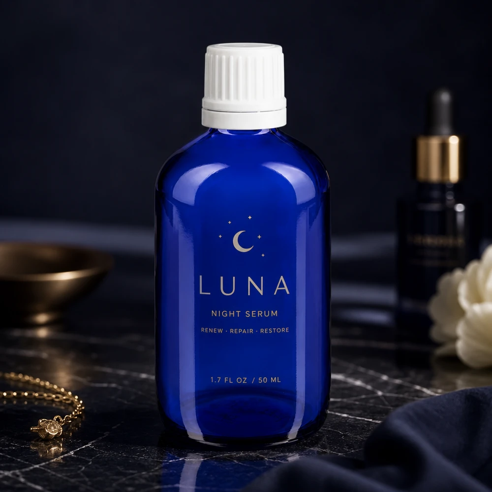 Ronde blauwe glazen fles van 100 ml met witte verzegeling voor cosmetische serums