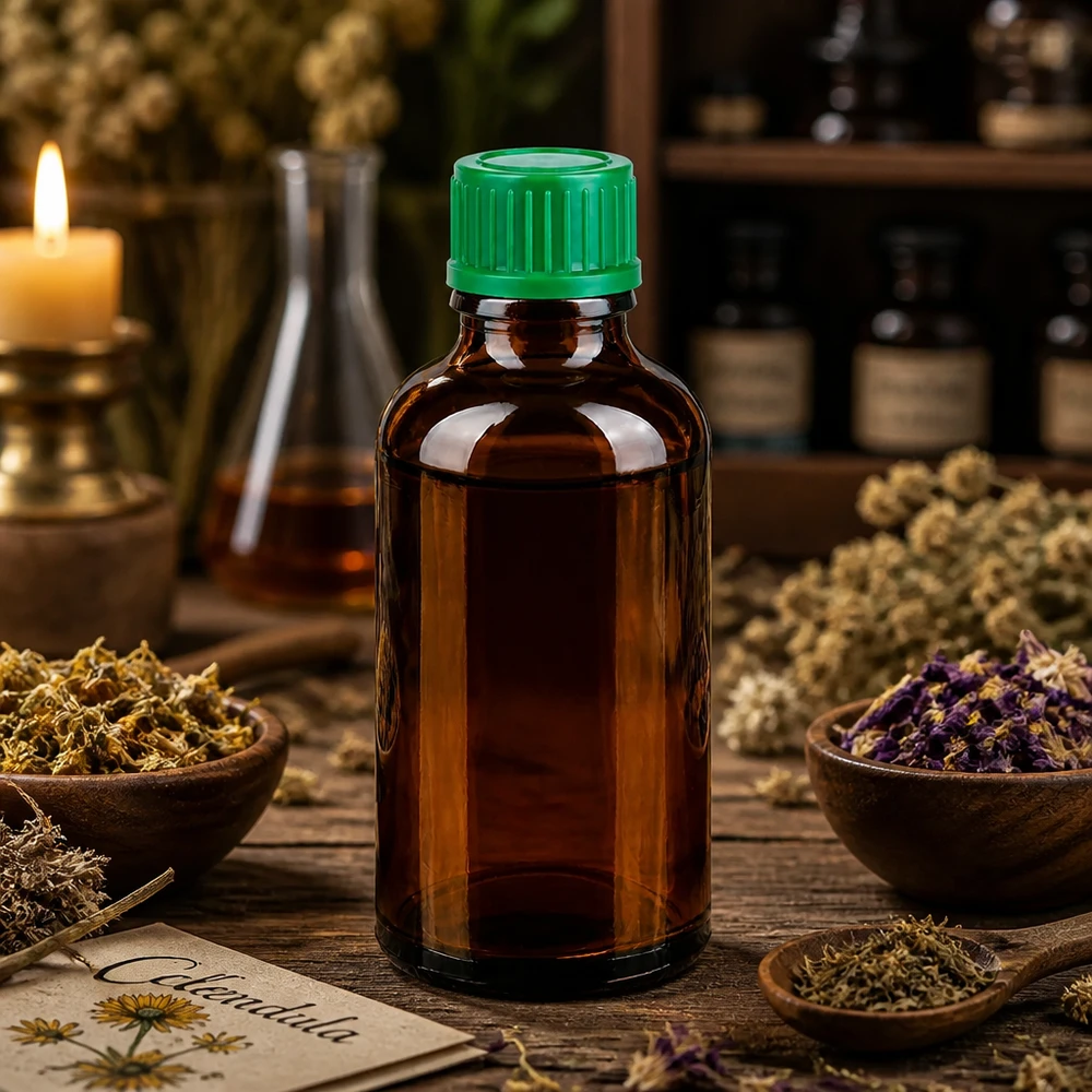 Donkerbruine glazen fles van 50 ml met groene dop voor het veilig bewaren van actieve ingrediënten
