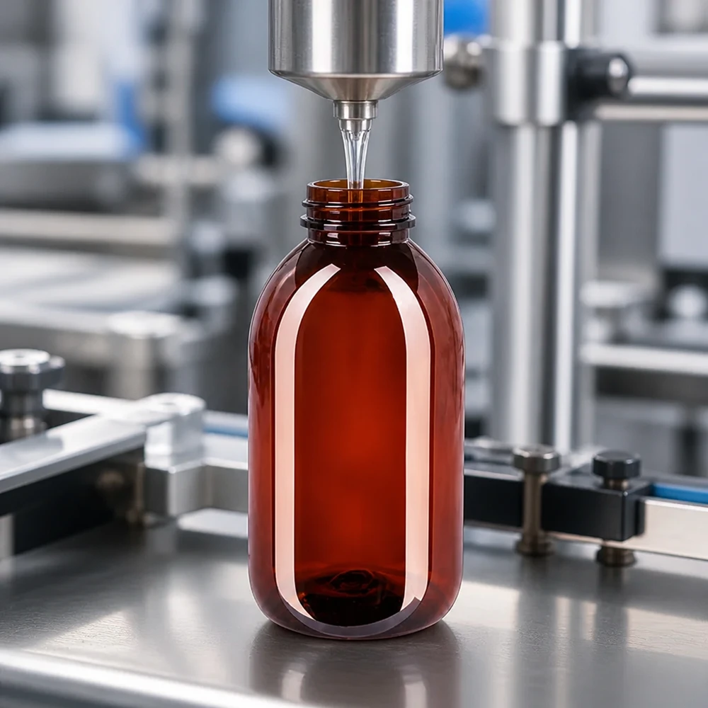 50 ml PET medicijnfles met verstuiver zwart GCMI 28/410 incl. dop transparant, standaard Automatische doseerinstallatie vult UV-beschermende PET-flessen van 250 ml voor natuurlijke producten