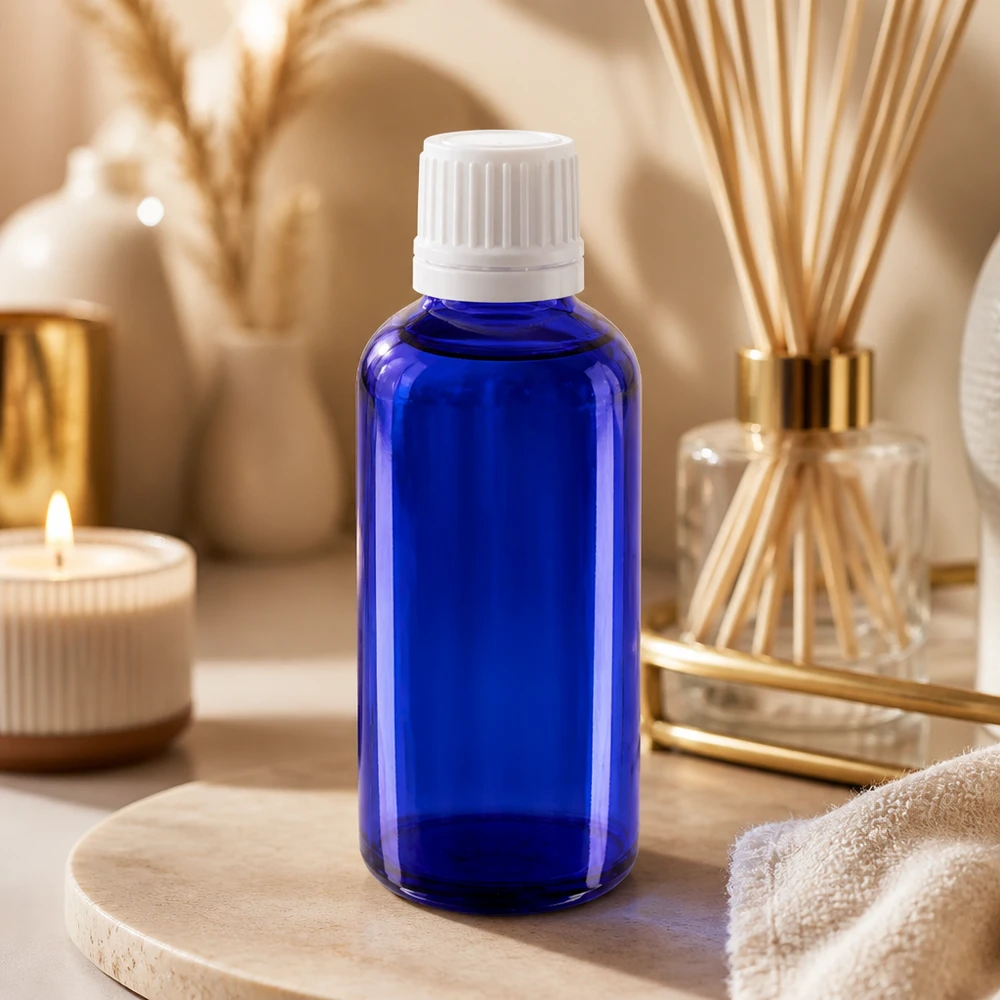 Medische druppelfles van 50 ml in blauw glas met nauwkeurige druppeldop van 0,7 mm, OV wit