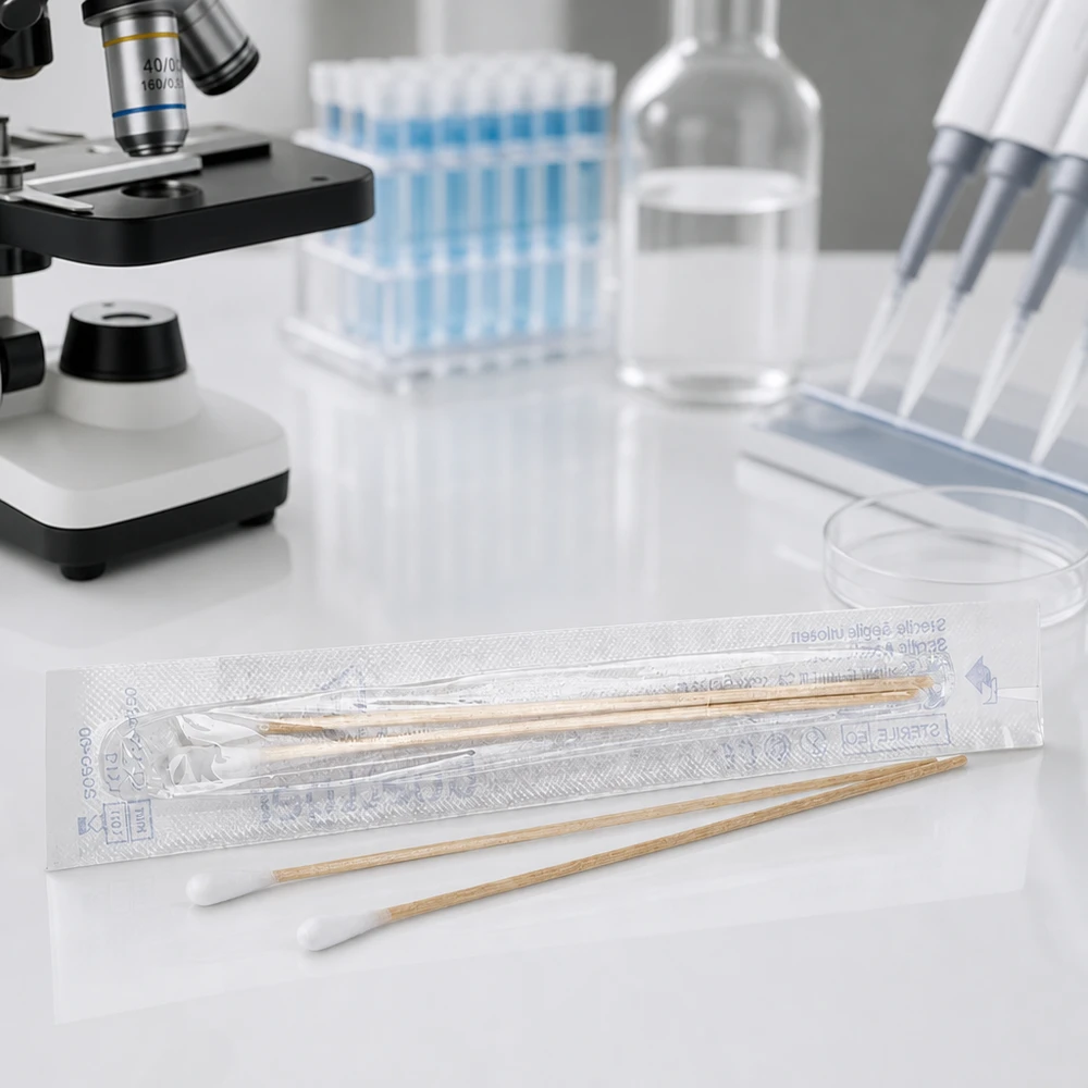 Wattenstaafjes met houten staafje, circa 15 cm lang, steriel en per stuk verpakt, voor het afnemen van monsters in het laboratorium