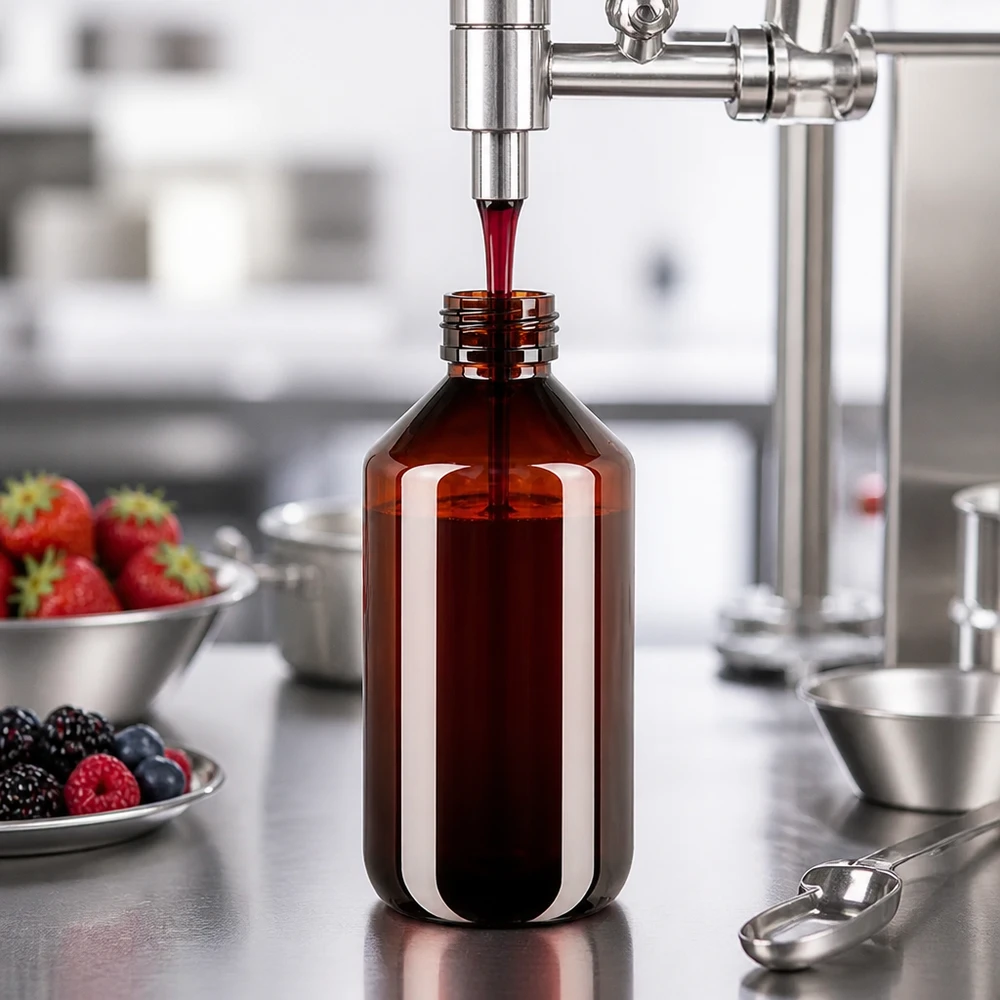 50 ml PET medicijnfles met verstuiver zwart GCMI 28/410 incl. dop transparant, standaard Hygiënische serieafvulling van rode vloeistof in bruine PET-flessen van 500 ml met OV