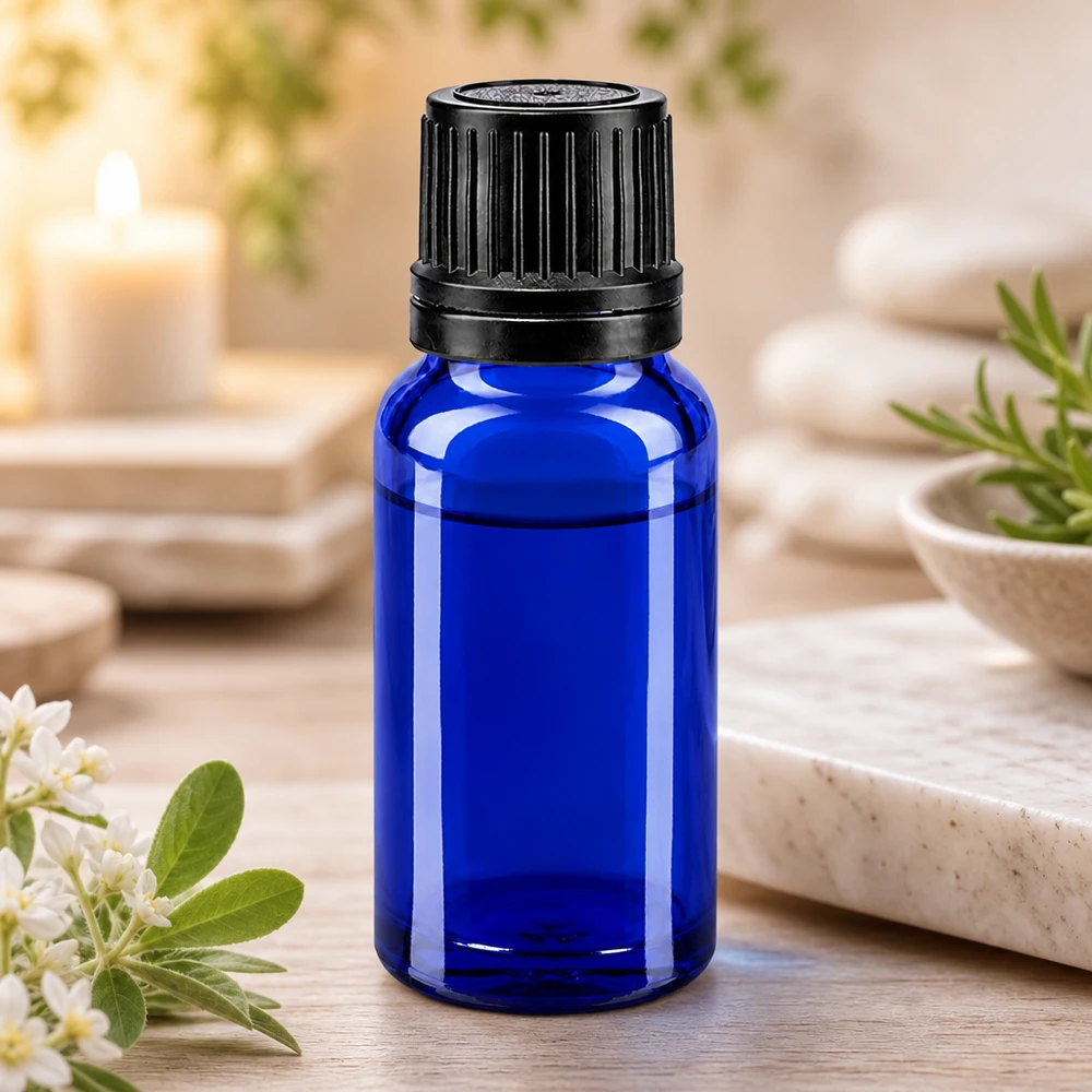 Blauwe glazen flessen 10ml met zwart druppelstop OV Blauwe lichtbeschermende fles van 10 ml, gemaakt van apothekersglas, met druppelaar en verzegelde sluiting