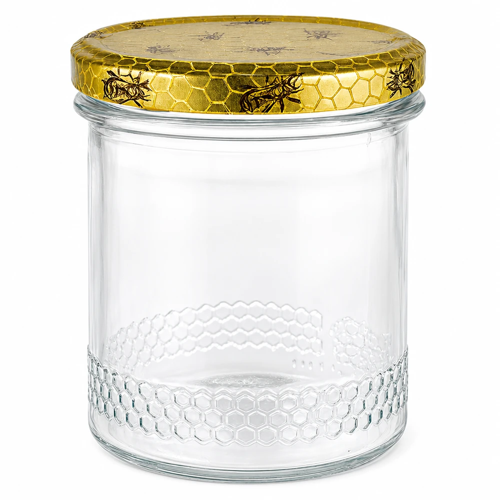 400ml honingpot met gouden honingraatdeksel, lege pot met honingraatpatroon voor honing en bijenteelt