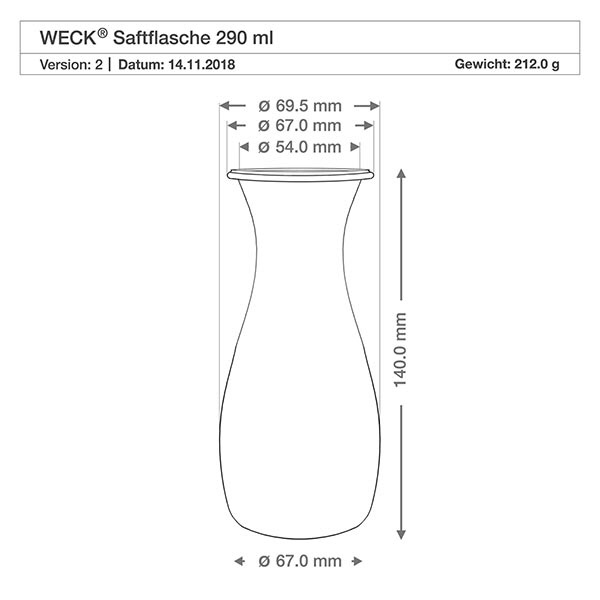 Sapfles van 290 ml met vershouddeksel WECK RR60 Technische tekening WECK 290ml sapfles met afmetingen Diameter 69,5mm Hoogte 140mm Gewicht 212g RR60