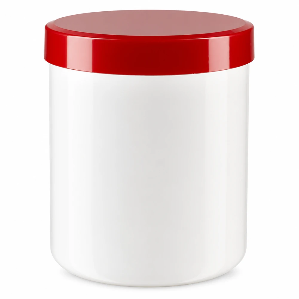 Zalfpot 100 g wit met rood schroefdeksel (PP) Lichte PP-zalfpot van 100 gram, wit, met lekvrije rode schroefdop