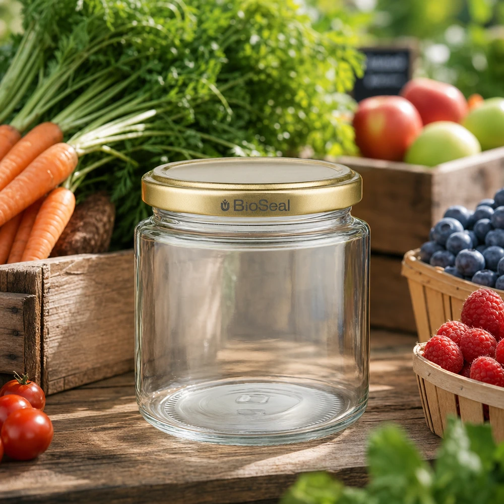 BioSeal 250ml honingpot leeg met gouden UNiTWIST deksel omringd door vers fruit en groenten uit de tuin