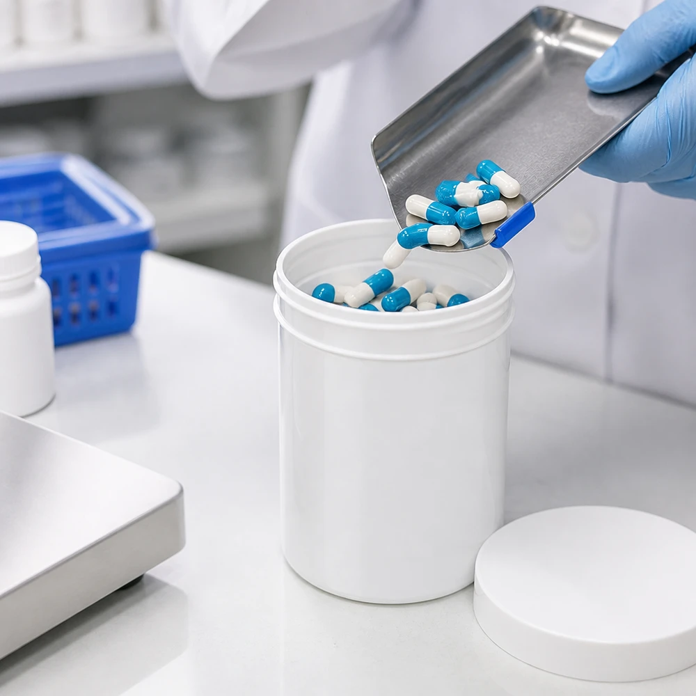 Zalfpot 800 g wit met schroefdeksel wit (PP) Vullen van een voedselveilige witte PP-kruik van 800 g met schroefdeksel in een cleanroom
