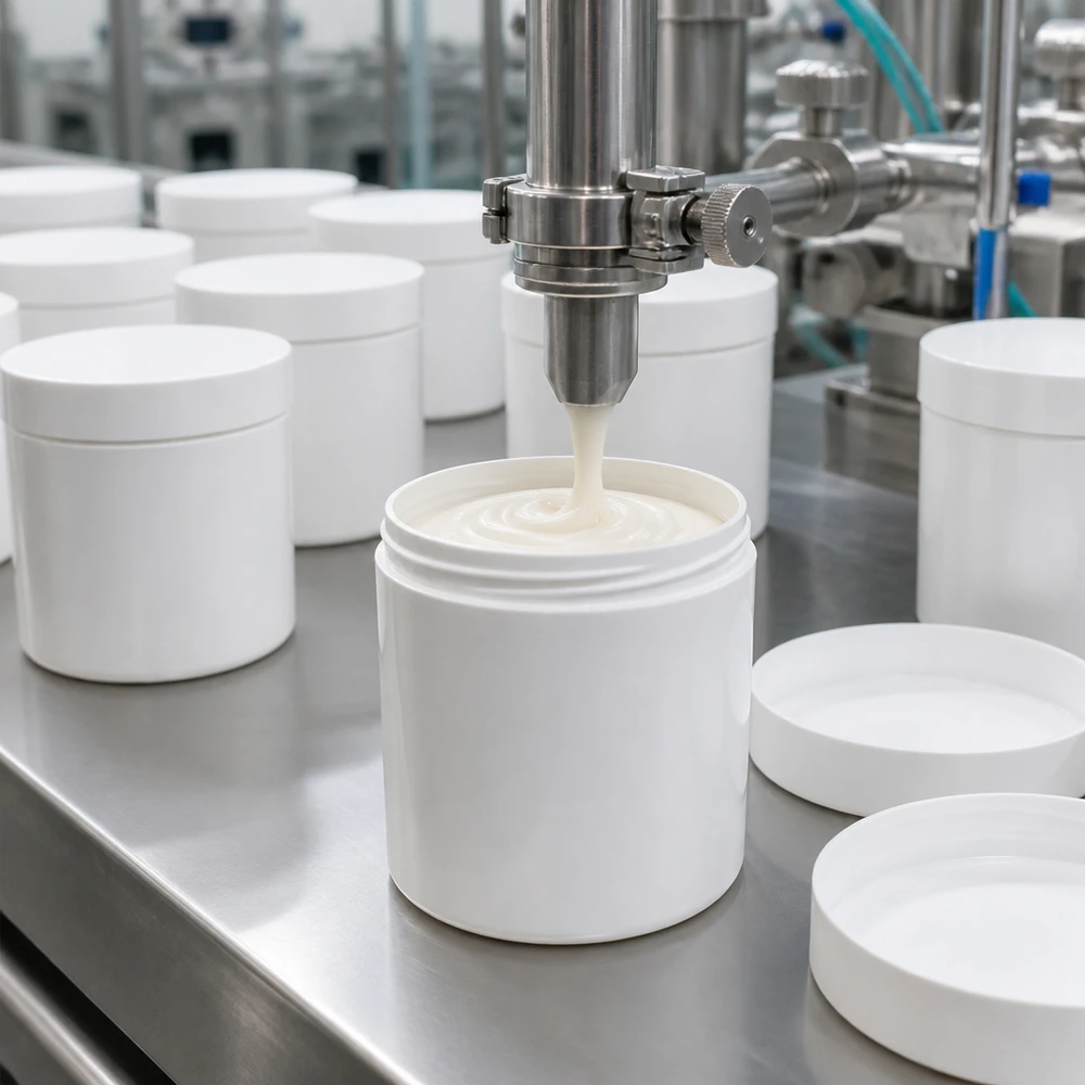 Zalfpot 150 g wit met schroefdeksel wit (PP) Farmaceutische serieproductie van witte zalfpotjes van 150 g met schroefdeksel van polypropyleen