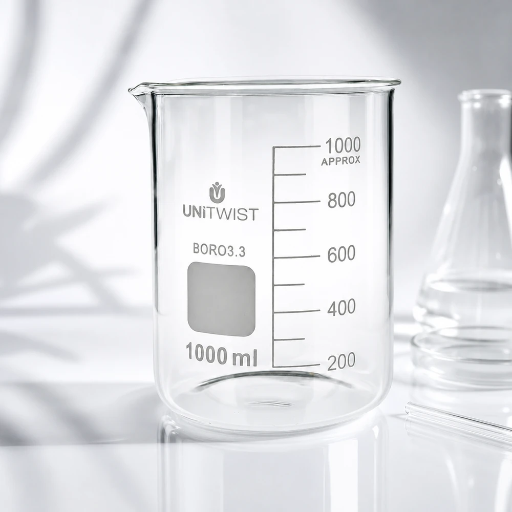 Beker 1000ml borosilicaat, lage vorm UNiTWIST Doorzichtig UNiTWIST-laboratoriumglas, bekertje van 1000 ml, laag model met wit, mat beschriftingsveld