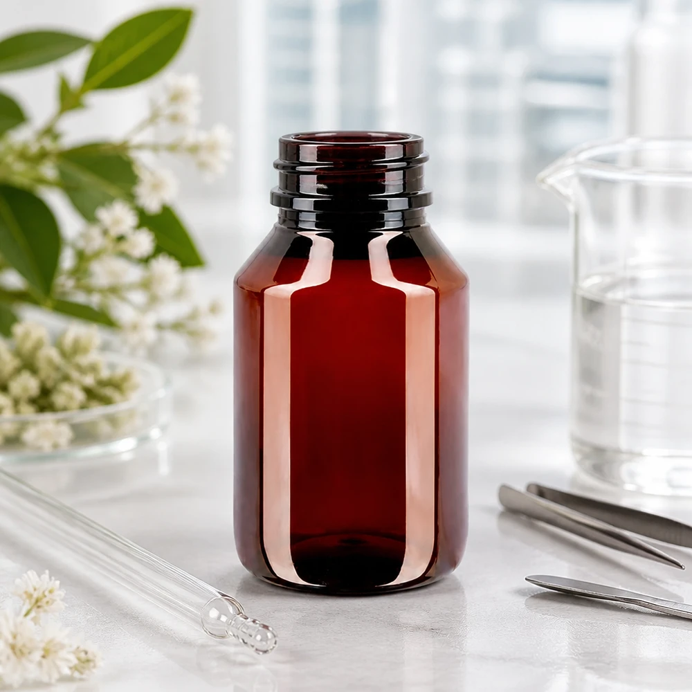 PET-fles 50ml met bruine dop Standaard 50ml PET Flasche in Braun mit Pinzetten und Glasstab für Naturkosmetikherstellung