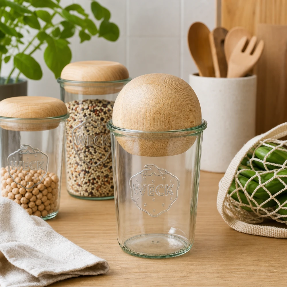 WECK RR100 bekers 850ml leeg met beukenhouten bol op houten tafel, duurzame keukenuitrusting met opberggerei