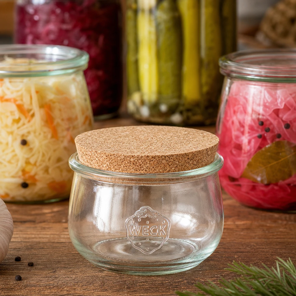 580ml tulpenglas WECK RR100 met kurk WECK tulpenpot RR100 580ml met natuurkurk tussen gefermenteerde groentepotten en ingemaakte komkommer decoratie