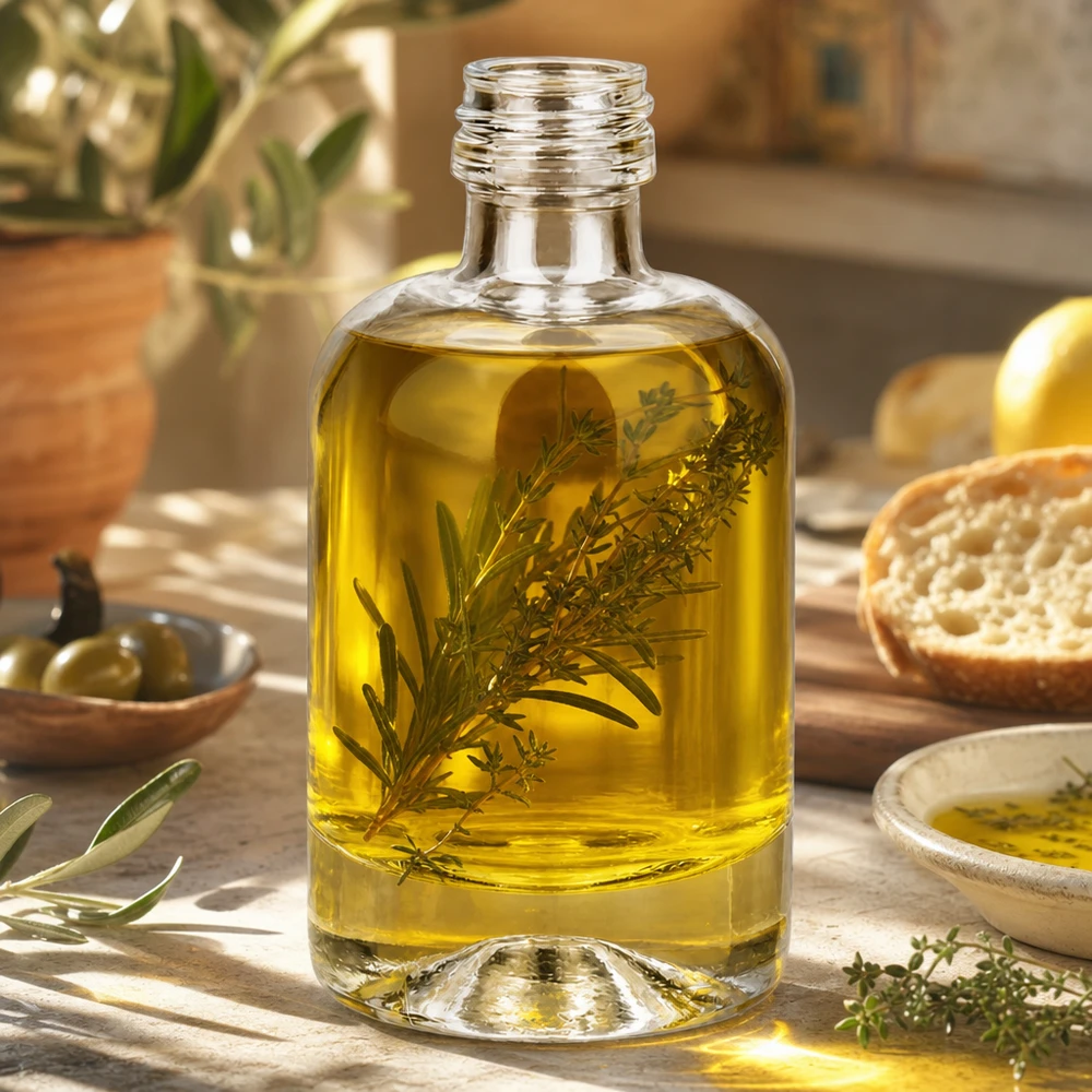 40ml glazen fles Sara gevuld met kruidenolie als toepassingsvoorbeeld voor cosmetica en aromatherapie