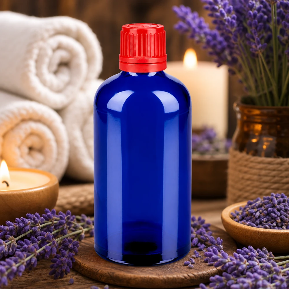 100ml fles 11mm SV rood OV BlueLine UT18/100 Compacte glazen fles 100ml in kobaltblauw, ideaal voor cosmetica en natuurlijke producten