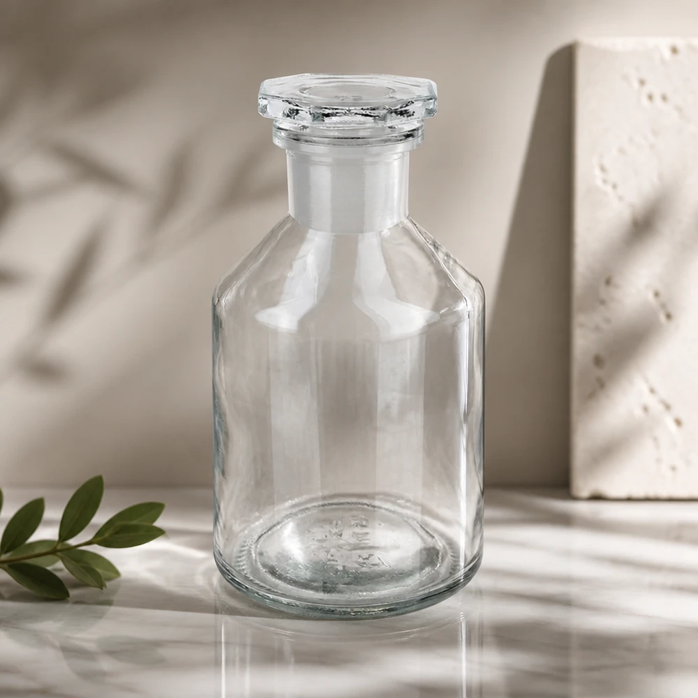 50 ml fles met schuine schouders nauwe hals helder glas incl. glazen stop Fles met steile borst, 50 ml, helder, smalle hals, voor chemicaliën, tincturen en reagentia