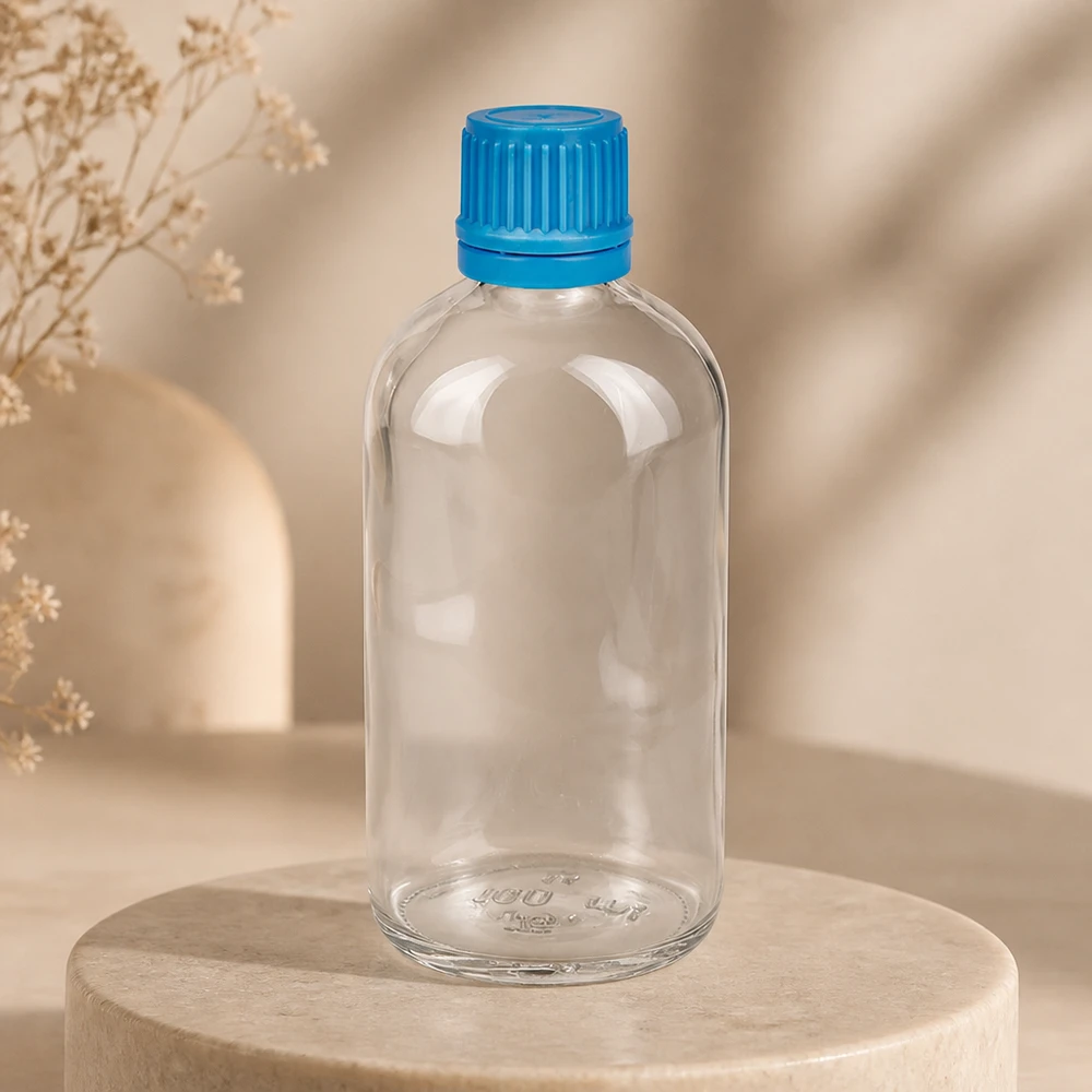 100ml flacon 11mm SV blauw OV ClearLine UT18/100 Lege apothekersfles van 100 ml van helder glas met een blauwe, geribbelde schroefdop op een stenen voetstuk
