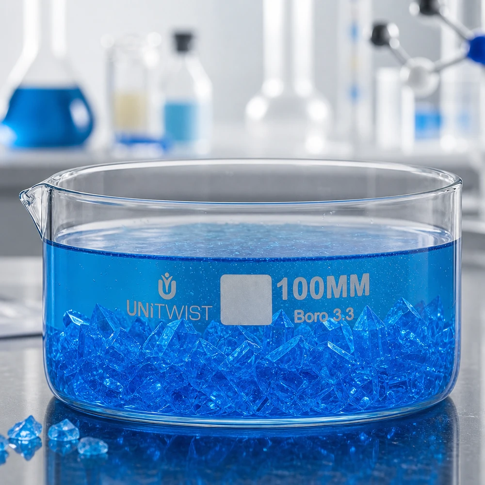 Kristalliseer schaal ø100mm borosilicaatglas UNiTWIST UNiTWIST laboratoriumschaal 100 mm Boro 3.3 kopersulfaatkristallen blauwe oplossing scheikundelaboratorium