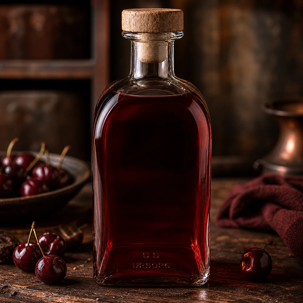 500ml Julia glazen fles met kurk gevuld met rode kersenlikeur op rustiek hout met verse kersen