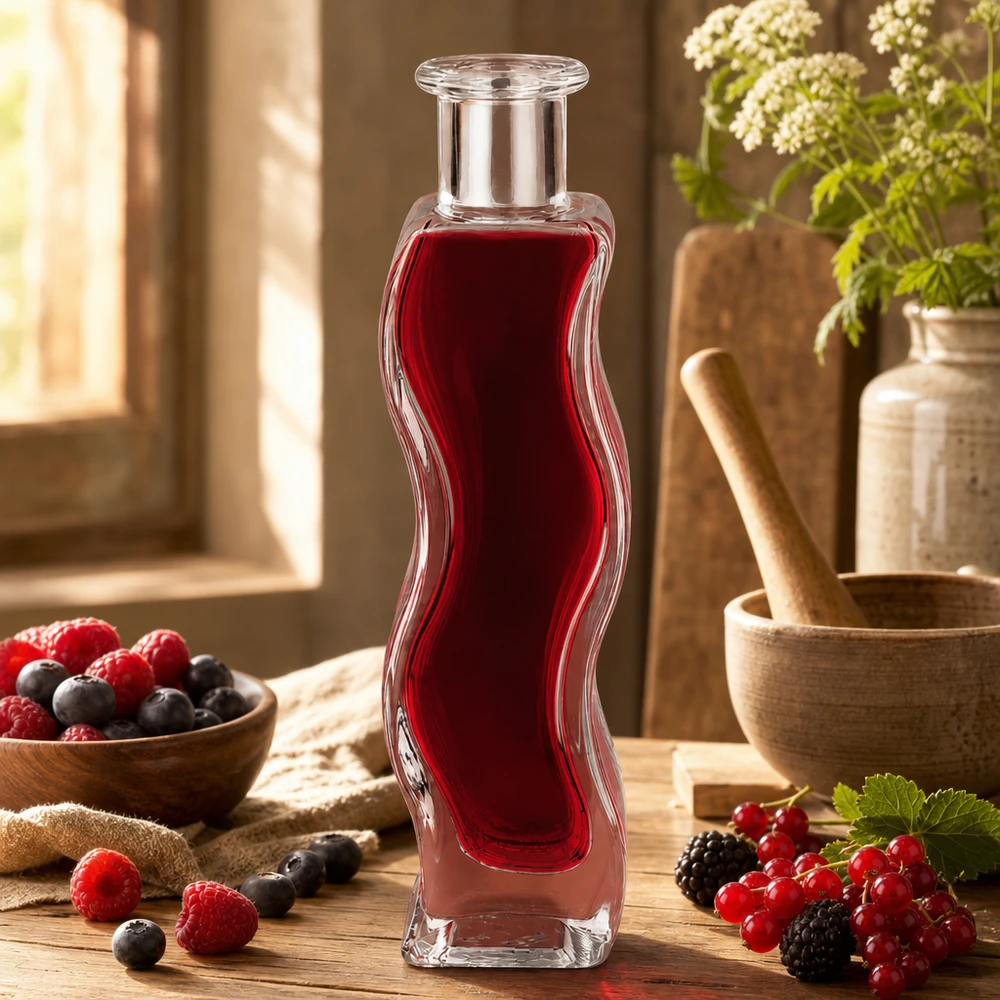 100 ml glazen fles Melissa zonder sluiting UNiTWIST® Glasflasche Melissa 100ml mit rotem Beerensaft in natürlicher Küche umgeben von frischen Beeren und Holzschalen
