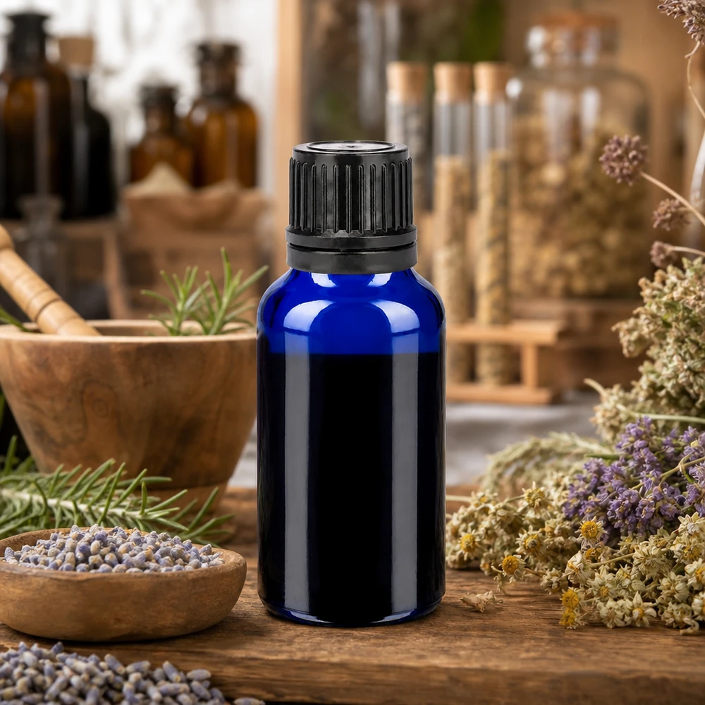 Lichtbeschermd 20ml flesje van kobaltglas met lekvrije zwarte dop voor natuurlijke cosmetica