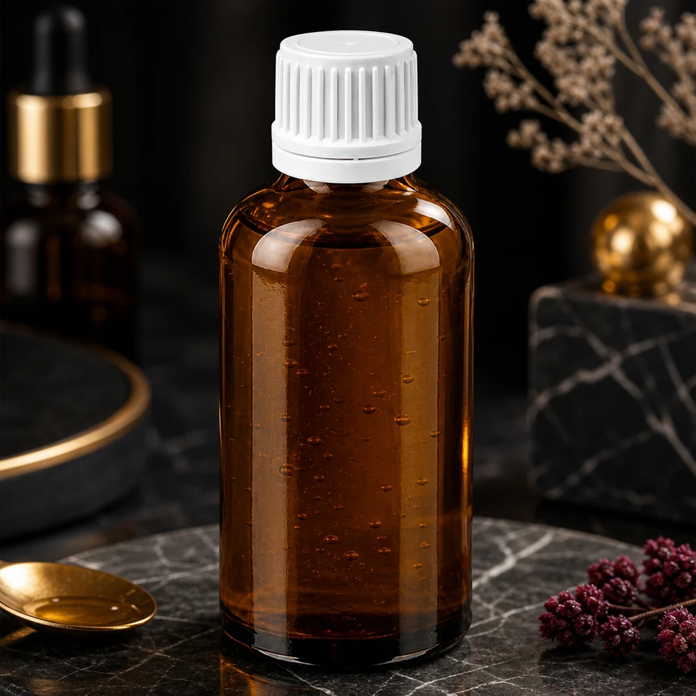 50 ml medicijnfles van UV-beschermend amberkleurig glas met veilige witte dop voor apotheekproducten