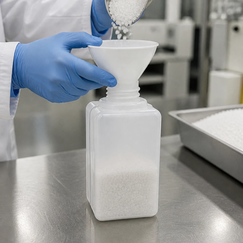 50 ml PE-HD-fles met smalle hals, GL 18, met vierkante bodem voor ruimtebesparende opslag in het laboratorium