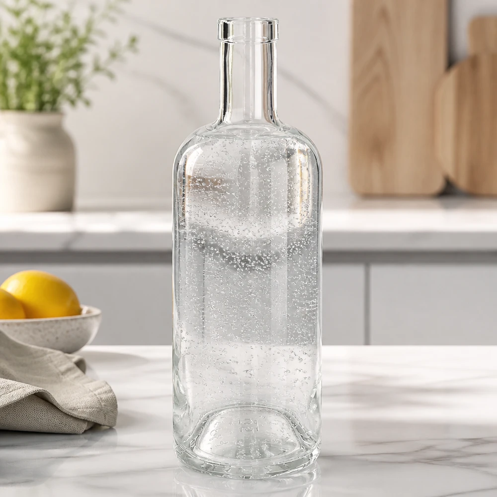 750ml glazen fles Emma leeg in witte keuken op marmeren blad met citroen en theedoek als decoratie