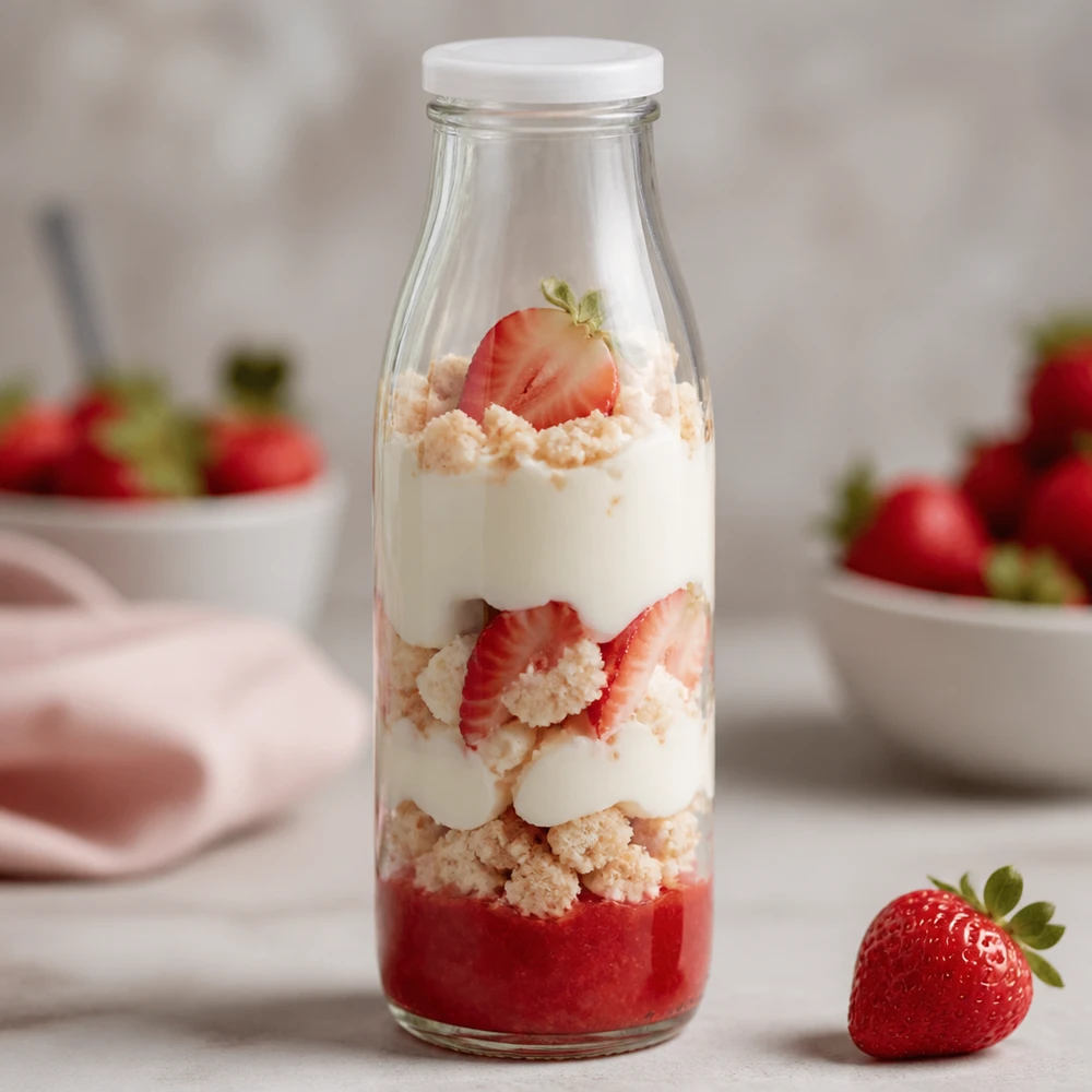 500 ml glazen fles met wit BasicSeal deksel als dessertpot gevuld met aardbeien, slagroom en hagelslag