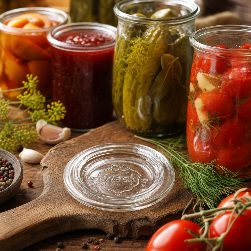 WECK potdeksel RR40 in keukentafereel met gekookte komkommers, tomaten en jam in inmaakpotten