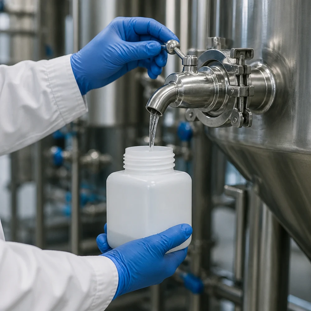 Kwaliteitscontrole: monsterafname in robuuste 500 ml-fles voor chemicaliën met brede hals, PE-HD, natuurwit