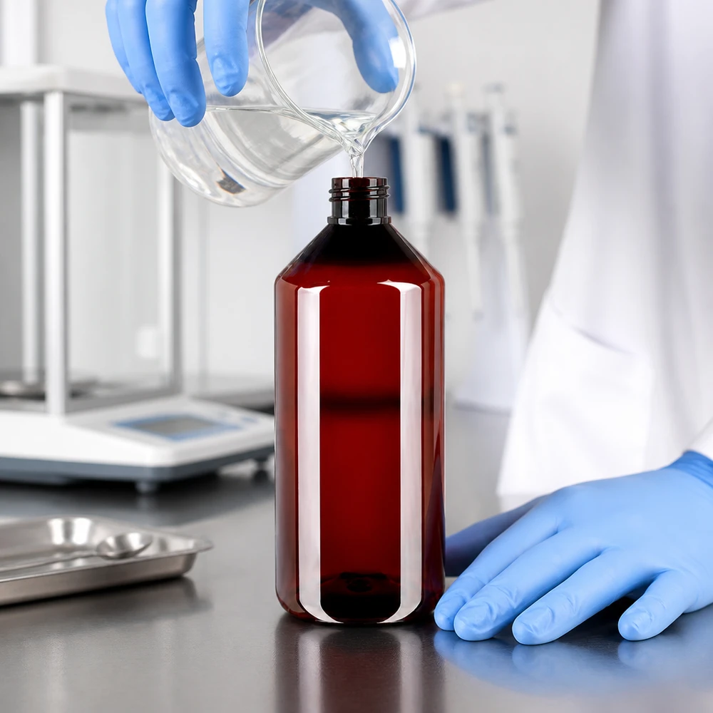 PET fles 1000ml met ontgassingsdop rood PET-fles van 1000 ml met ontgassingsdop naast een analyseschaal in een professioneel laboratorium