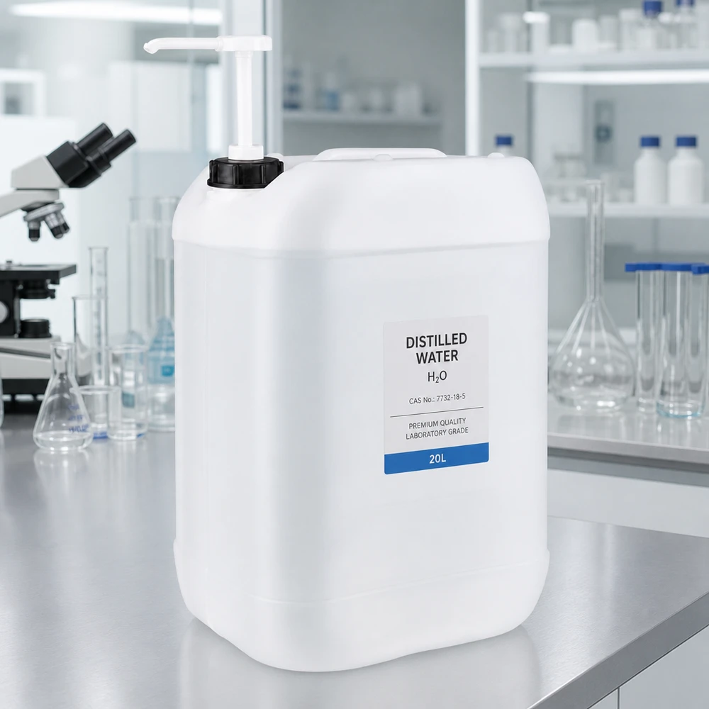 25l Jerrycan, UN-toelating, met doseerpomp Rechthoekige industriële jerrycan met pomp op een roestvrijstalen laboratoriumwerktafel
