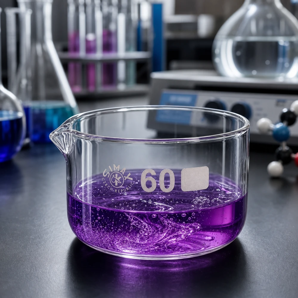 Laboratoriumschaal van 60 ml, borosilicaatglas, diep paarse vloeistof, reactieschaal, platte vorm, uitgietmond