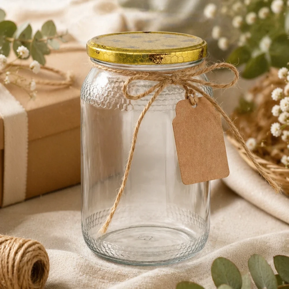 Honingpot 1260 g met honingraatmotief-deksel BasicSeal UNiTWIST 900ml honingpot leeg met kraftpapier label en jute koord als geschenkverpakking rustieke decoratie
