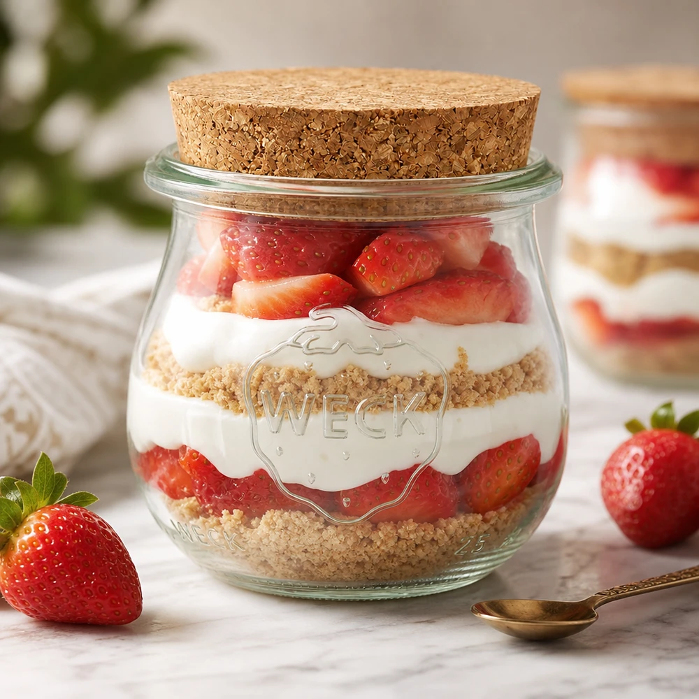 75ml tulpenglas WECK RR40 met kurk WECK tulp pot 75ml RR40 als dessert pot met aardbeien en room gelaagde kurk deksel dessert in een pot