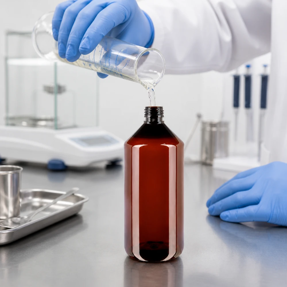 PET fles 1000ml PP28 zonder dop PET-apothekersfles van 1000 ml met PP28-hals tijdens het vullen met een transparante vloeistof in het laboratorium
