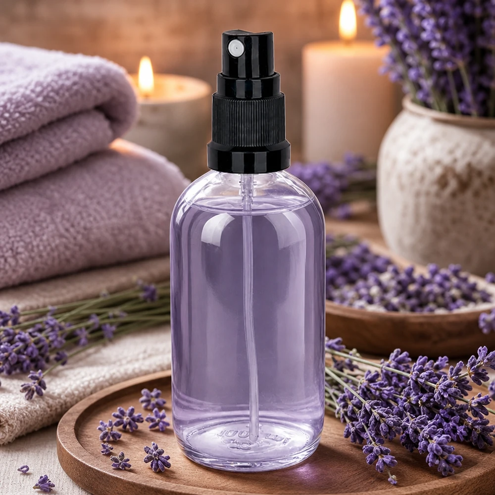 100ml spuitfles zwart STD ClearLine UT18/100 Lavendelaromaspray in een ClearLine-glazen fles van 100 ml met zwarte verstuiver op een houten dienblad