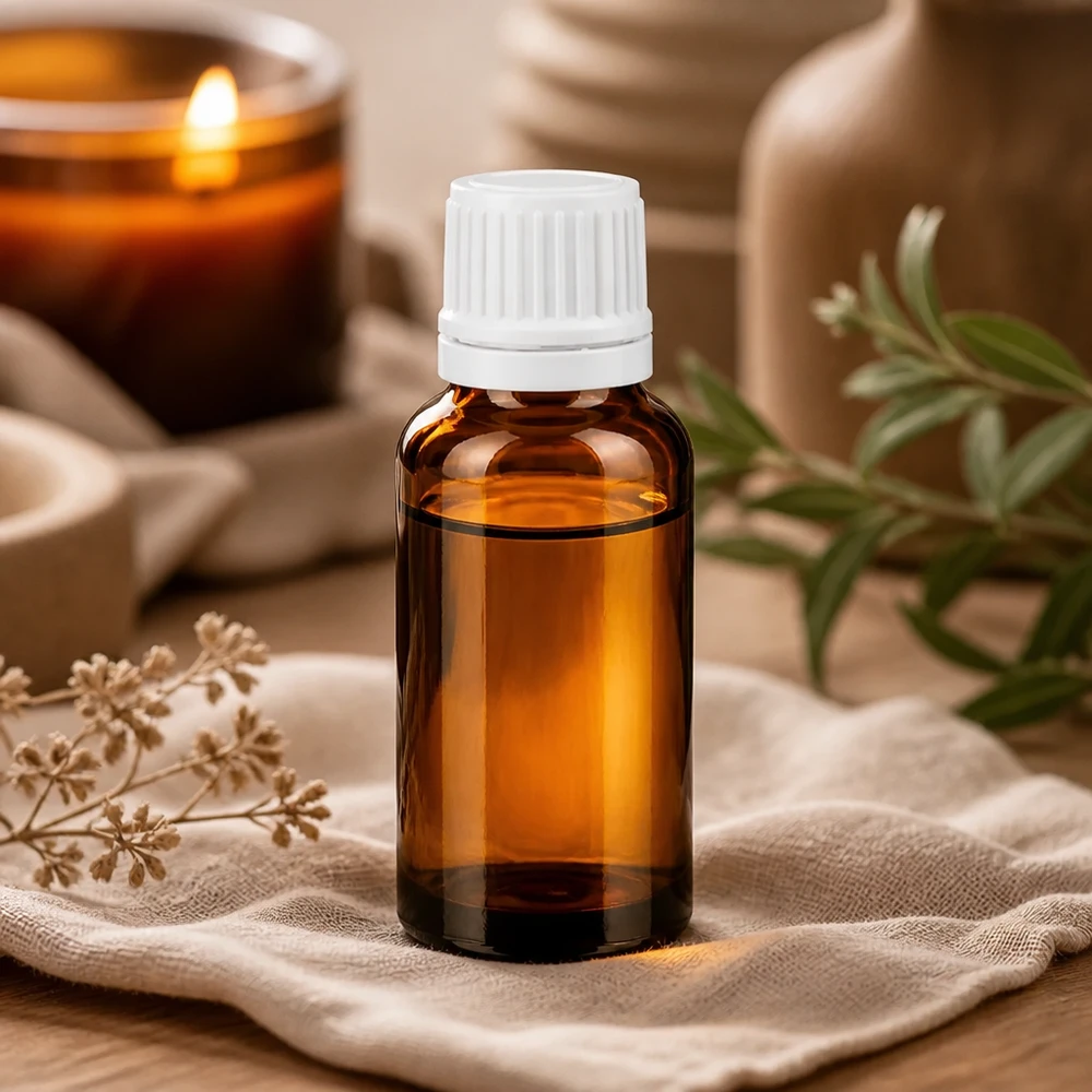 Bruine glazen fles 20ml met wit druppelsluiting 1.2mm VR Hoogwaardig bruin glazen flesje van 20 ml met een witte druppeldop, naast een kaars en verse kruiden